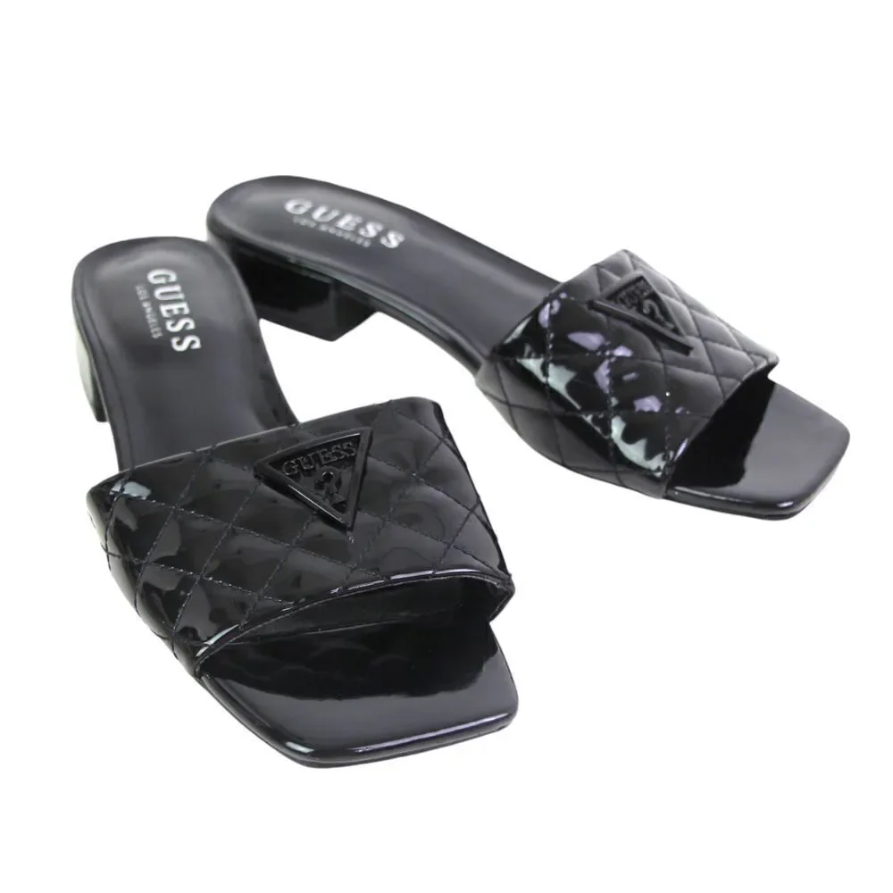 GUESS QUILTED PATENT BLACK LEATHER LOW HEEL OPEN TOE SANDALS MULES SHOES Sz 6M
